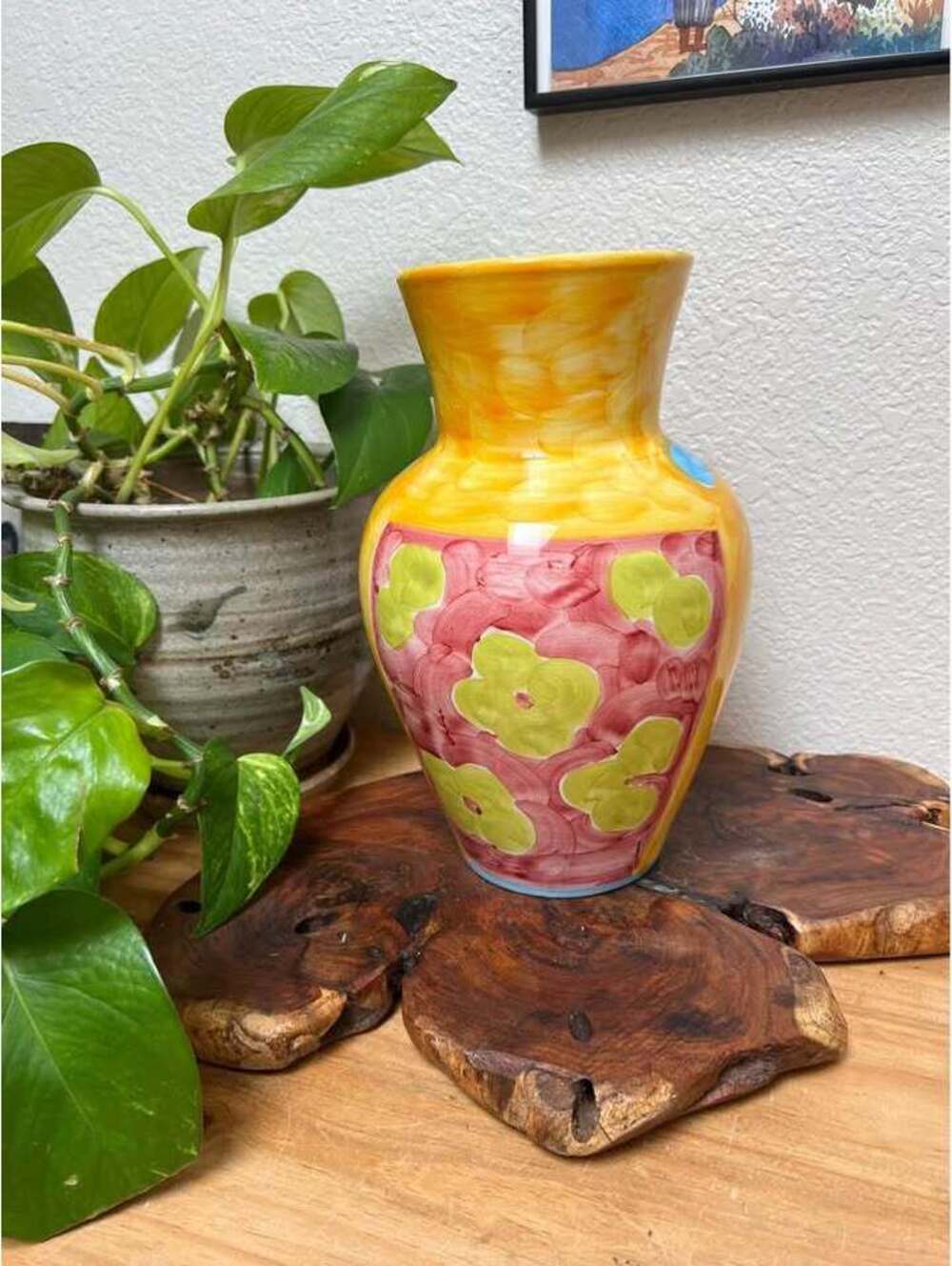 Handpainted Colorful Italian Pottery Vase Floral 9.75” Yellow Lime Green Pink